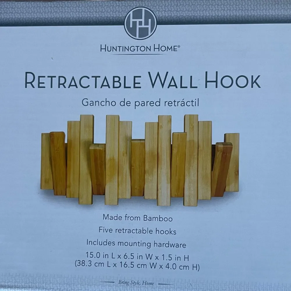 Retractable Bamboo Wall Hook Rack Space Saving Wooden Coat Hat Organizer 5 Hooks